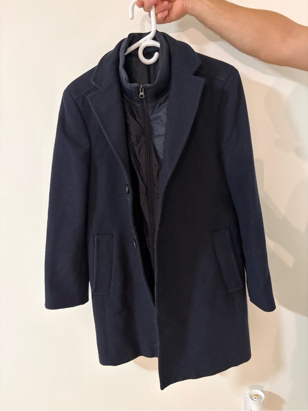 RW&CO. Navy Textured Wool Pea Coat with Quilted Inner Vest